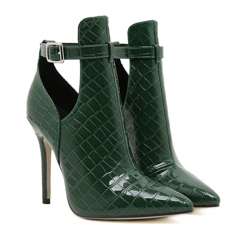 Retro Dámské Kotníkové Boty z Kůže se Vzorovaným Kamenem se Špičatou Špičkou, Francouzským Páskem s Přezkou, Štíhlým Vysokým Podpatkem, Moderní Obuv, Zelené Botines