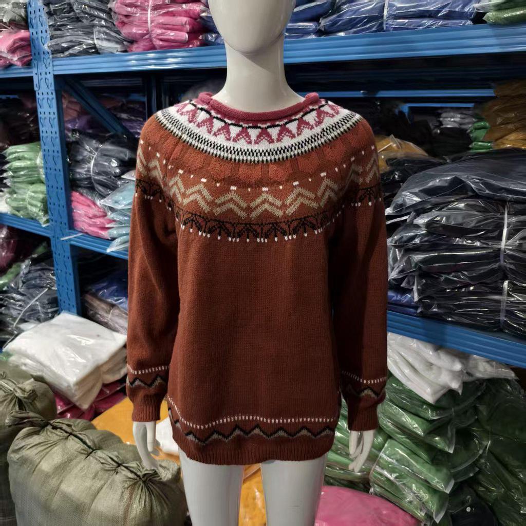 Women's European Retro Fair Isle Long Sleeve Color Block Knitted Sweater Top