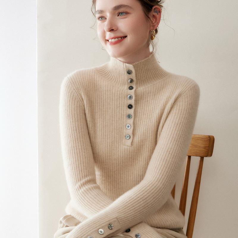 Women's Slim Fit High Neck Pure Cashmere Pullover Sweater with Gold Button Ribbed Design