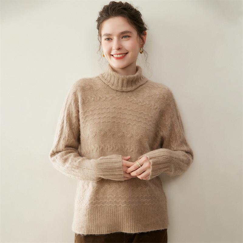 Autumn Winter Retro Cable Knit High Neck Cashmere Women's Sweater - Loose Fit, Solid Color Pullover