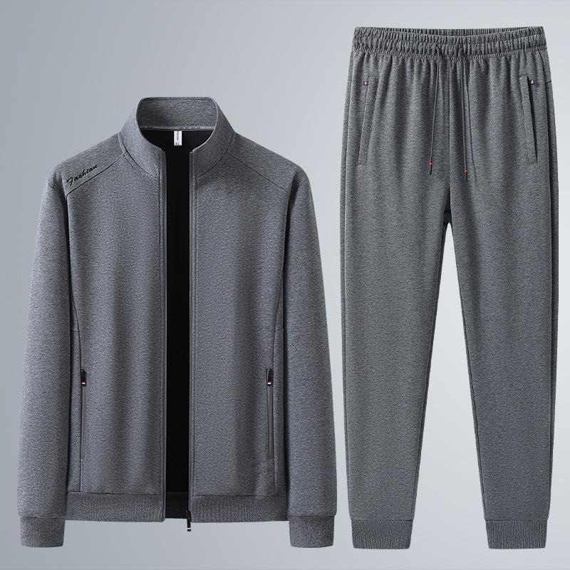Spring and Autumn Cotton Sports Suit Stand-up Collar Sweater Men's Middle-aged and Elderly Casual Handsome Cardigan Loose Two-piece Suit Plus Size