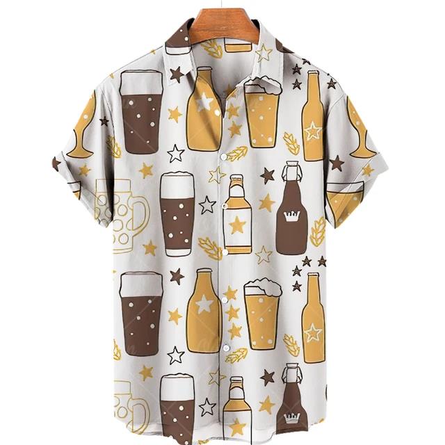 Camisetas Festival de Cerveza Harajuku para Hombre Estampado 3D Manga Corta Verano Estilo Hawaiano Playa Tops de Botón Único Solapa