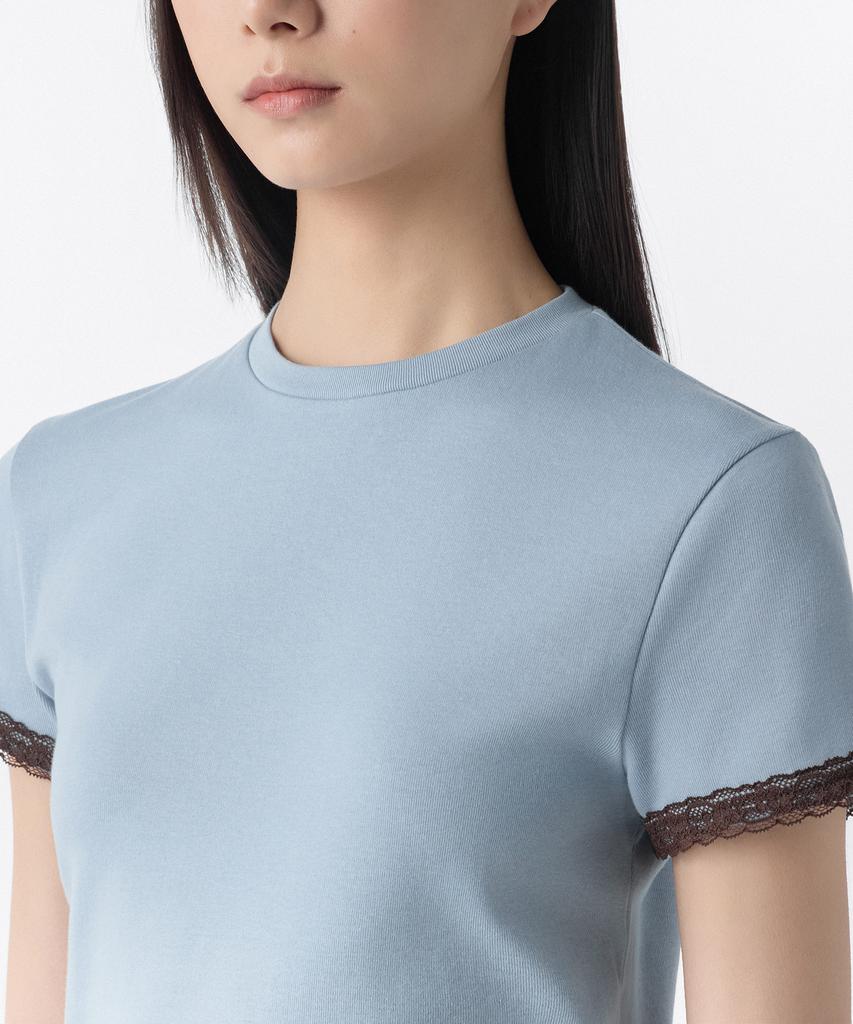 MUSINSA STANDARD WOMAN Women'S Slim Lace Trim T-Shirt [Cloudy Blue/Brown]