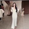 [] Rich Family Daughter Senior Sense Wear Long-sleeved V-neck White Knitted Dress Women's Autumn