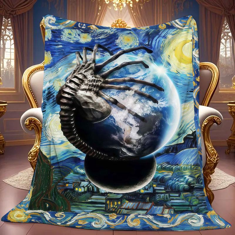1Pc ArtAlien Print Flannel Blanket, High quality Comfortable for All Seasons, Warmth and Comfort, Perfect for Christmas Gifts