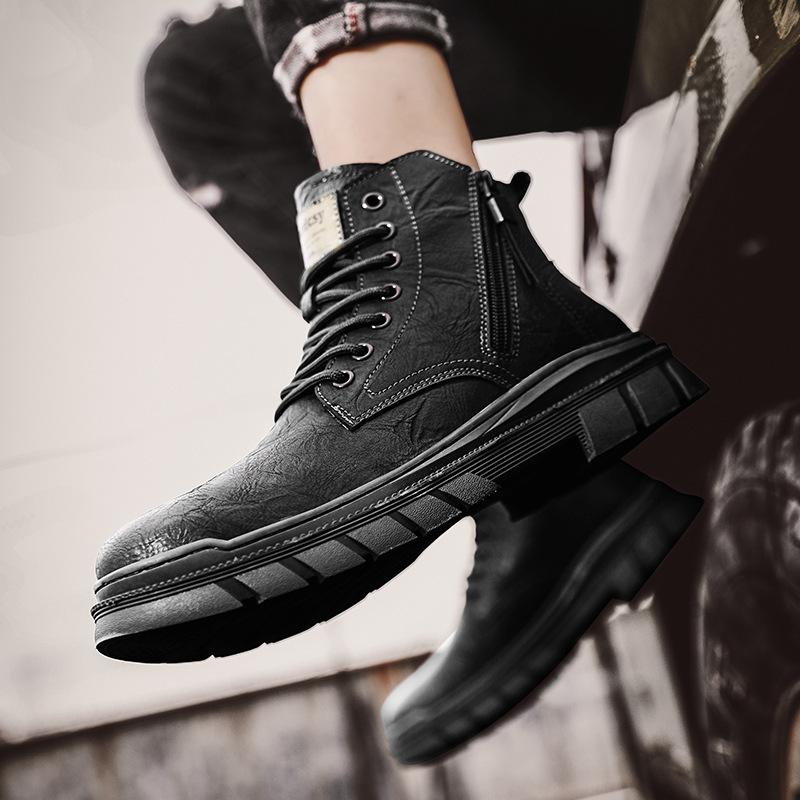 Autumn and winter retro fashion trend Martin boots youth casual platform leather boots men's high-top side zipper tooling shoes