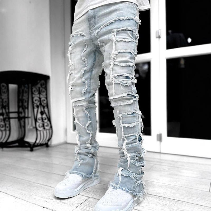 Jeans Moda Uomo Elasticizzati Patch Stratificati Dritti Lunghi