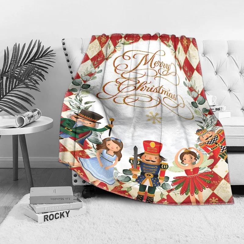 Nutcracker Ballet Christmas Fleece Blanket, Golden Merry Christmas Script with Character Collection, Classic Holiday Throw 75x90cm