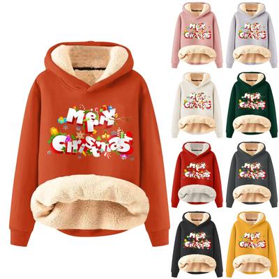 Damenmode, Kapuzenpullover, gepolstert, verdickt, warm, weihnachtlich bedruckt, lockerer Pullover