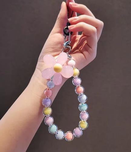Hot Selling Colorful Fashion Women's Hanging Chain Ring Code Wrist Strap Clip Cute Flower Bead Mobile Phone Lanyard
