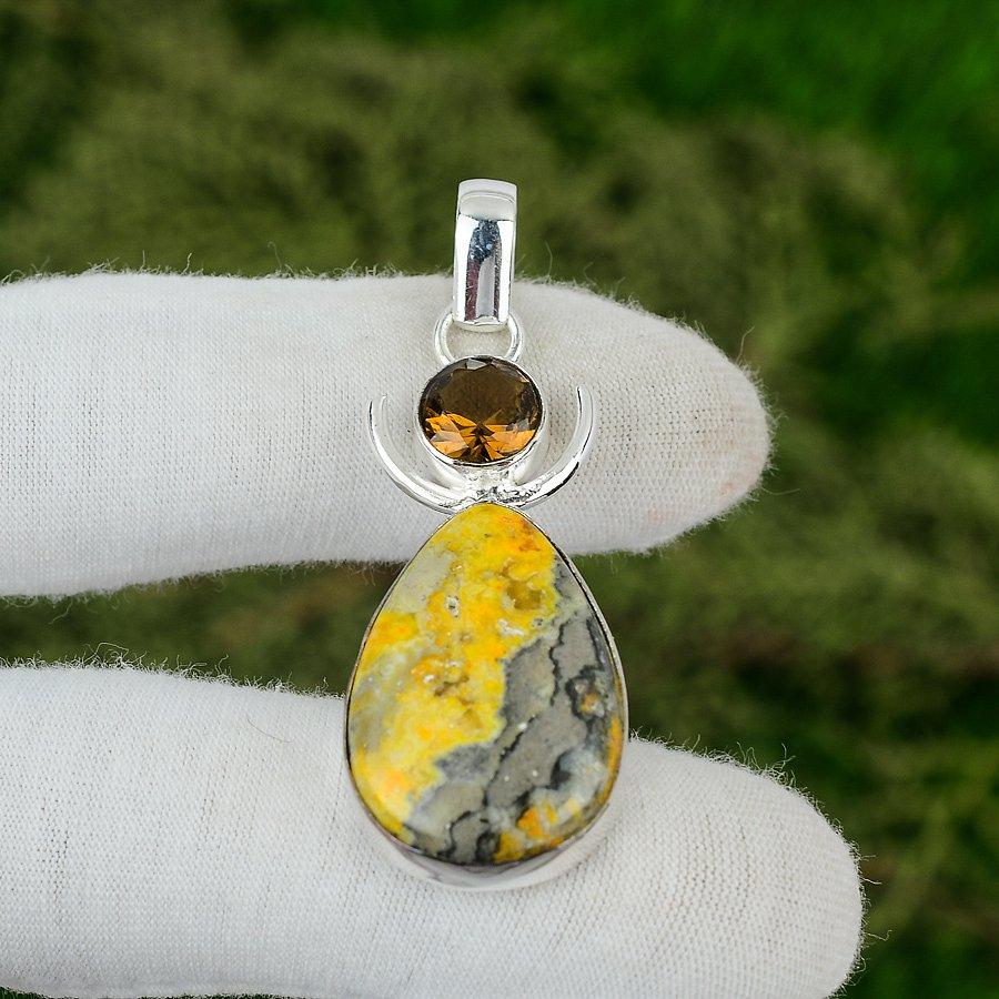 

925 Silver Pear Bumblebee Jasper Gemstone Smoky Quartz New Bezel Pendant Jewelry