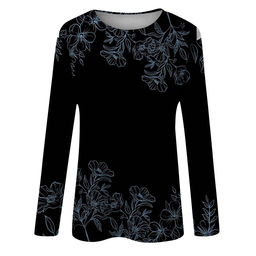 Women's Fashion Casual Long Sleeve Print Round Neck Pullover Top Blouse