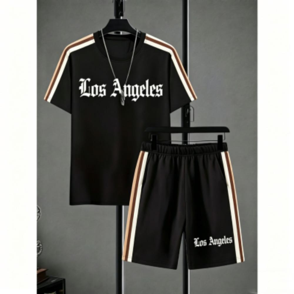 Fashion Men's Set Letter Stripe Printed Men's T-shirt and Shorts 2 Piece Set Summer Casual Outdoor Men's and Women's T-shirt Sets