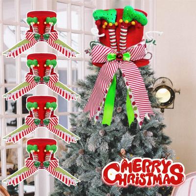 Christmas Tree Topper Hat Velvet Hat with Elf Legs and Bowknot Christmas Tree Decorations Tabletop Ornaments for Home Decor