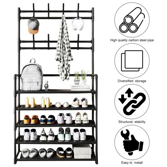Free Standing Large Capacity Shoes Rack Multiple Hooks Strong Load-bearing 5 Tiers Hat Coat Shoes Storage Stand