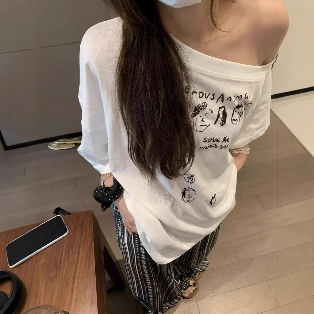 Korean Casual Off-the-Shoulder Women's Summer T-Shirt - Slanted Loose Fit, Short Sleeve Top.
