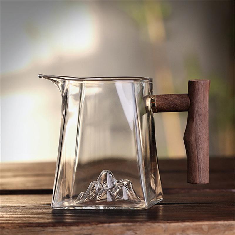 Square Bottom Snow Mountain Heat-Resistant Glass Fair Cup Tea Pitcher with Wooden Handle Chahai Kung Fu Tea Divider Tea Set Acce