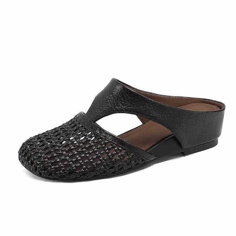 

Fashion Hollow Out Mesh Flip Flops Falts Sandals Women Pu Leather Summer Slippers Fashion Slides Round Toe Casual Ladies Shoes New 2025 35 чёрный