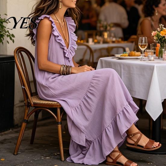Versatile Daily Wear Dress Women's Deep V Neck Ruffle Trim Maxi Dress, Sleeveless Loose Lightweight Polyester Flowy Beach Sundress, Summer Casual