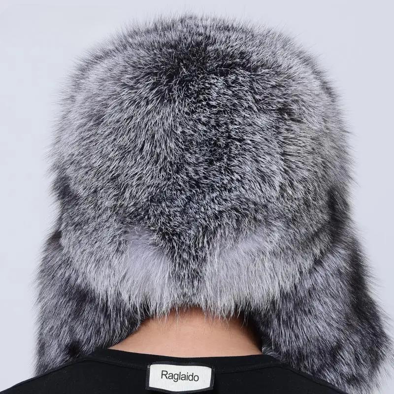 Luxury Men Hat Winter Warm Thick Fluffy Brim Bomber Hat Ushanka Russia Natural Raccoon Fox Fur Trapper Ear Hats