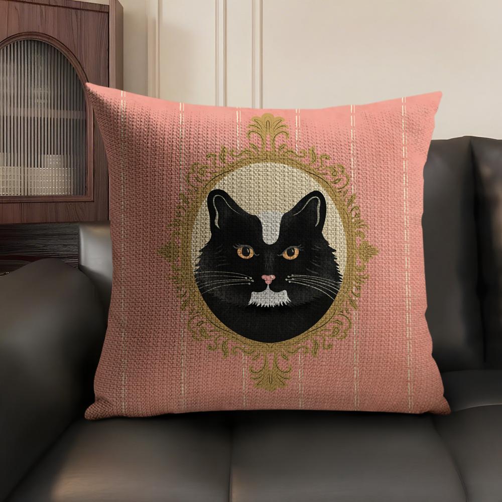 Cute Caroon Cat Portrait Cushion Cover Natural Linen Organic Fabric Double-Sided Printing Sofa Home Decor Gift Pillow Case