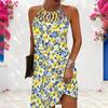 Women Plus Size Yellow Blue Floral Printed Criss Cross Cutout Neck Sleeveless Fitted Curved Hem Dress