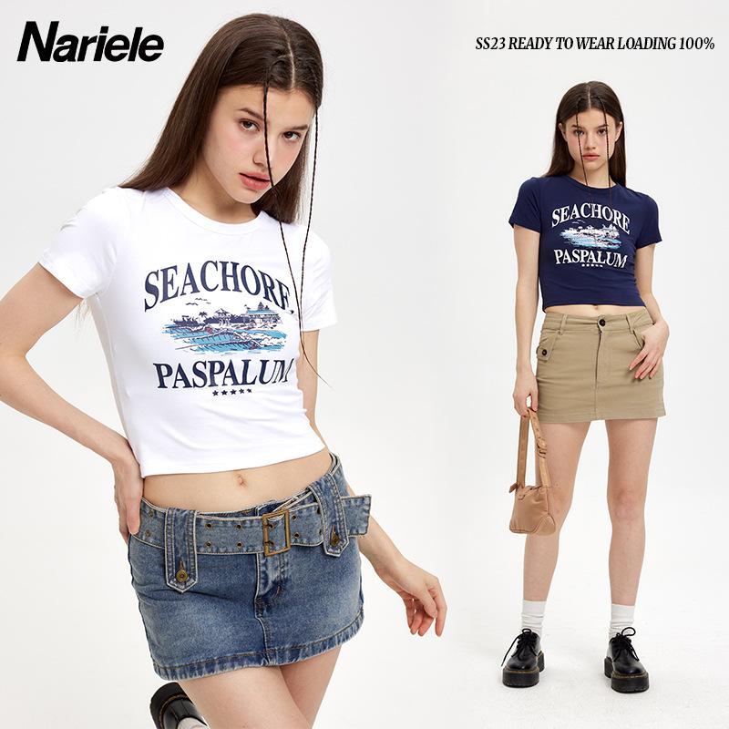 

HeyHenry 2023, ранняя весна, новый топ с короткими рукавами и буквенным принтом, женская облегающая футболка с круглым вырезом