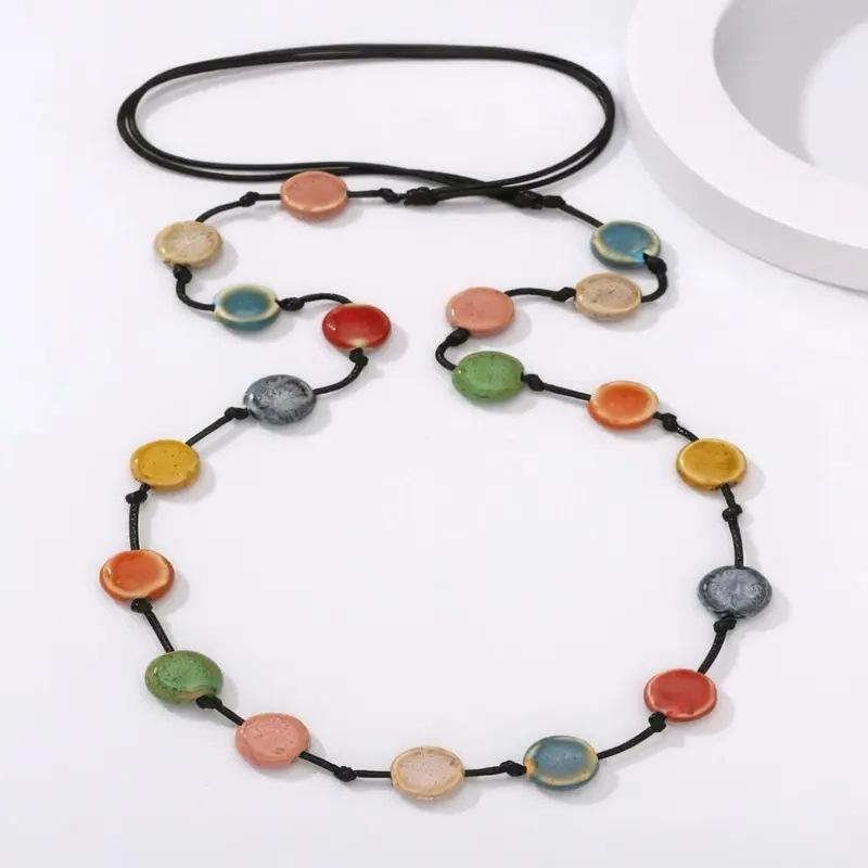 JMXD-European and American retro wax rope necklace colored ceramic round sweater chain long versatile dopamine beaded necklace versatile