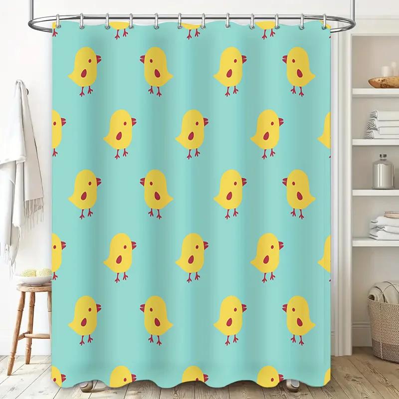 Bright Blue Chickens Shower Curtain Set 72\W x 84\L Bathroom Decor with Hooks (Set of 3) Cute Kids' Bath Tarp with Non-Slip Back