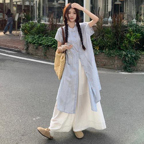 Blue striped short-sleeved shirt dress women's summer 2026 new loose casual fashion wide-leg pants two-piece set