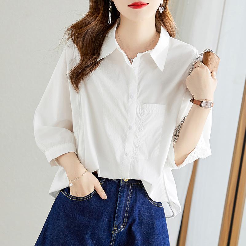 

Мятно-зеленая хлопковая белая рубашка женская рукав три четверти летняя новая простая и изысканная офисная темпераментная блузка XL белый