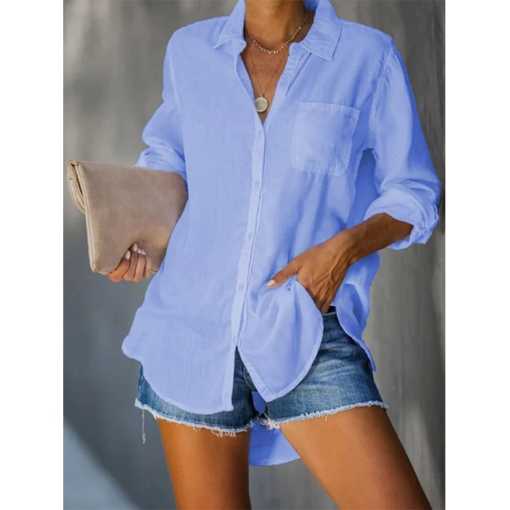 Women's Turn Down Collar Long Sleeve Shirt Loose Fit Casual Solid Color Button Down Blouse