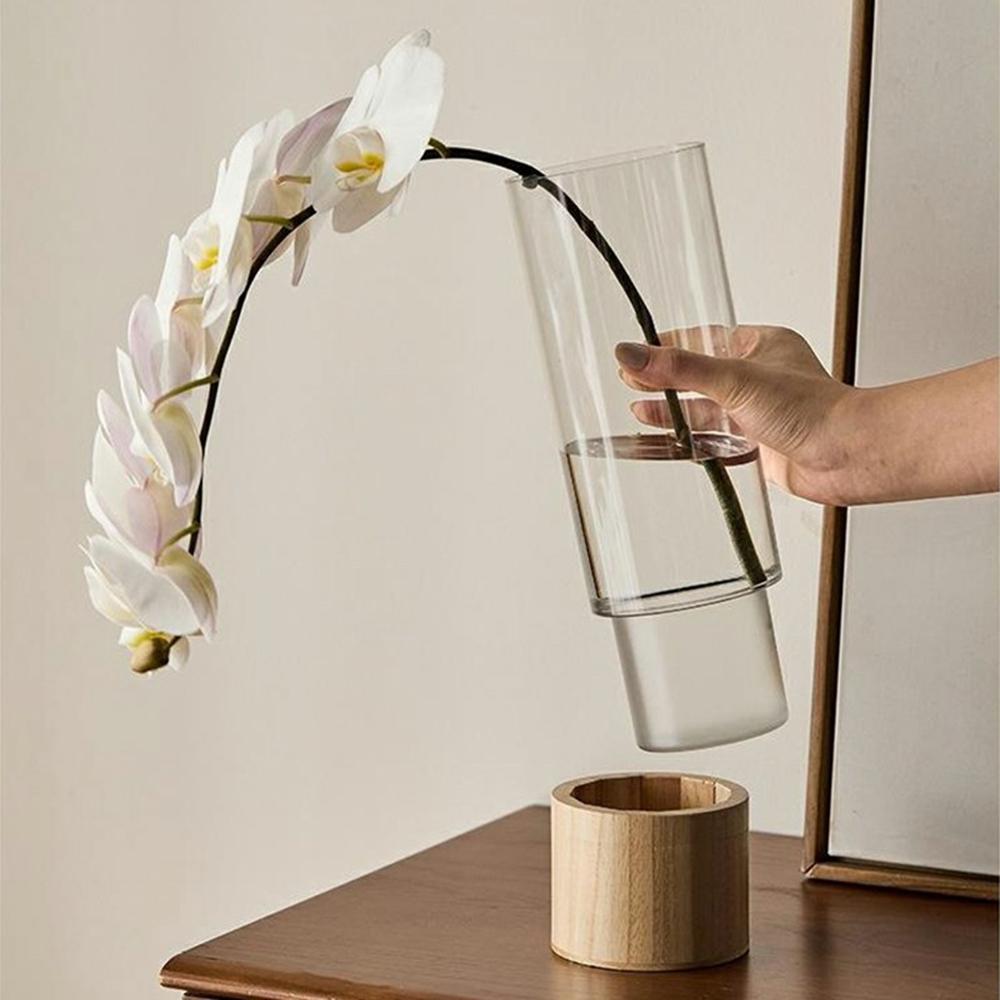 10x25cm Minimalist Flower Vase with Wooden Base PET Transparent Cylinder Vase Living Room Decoration