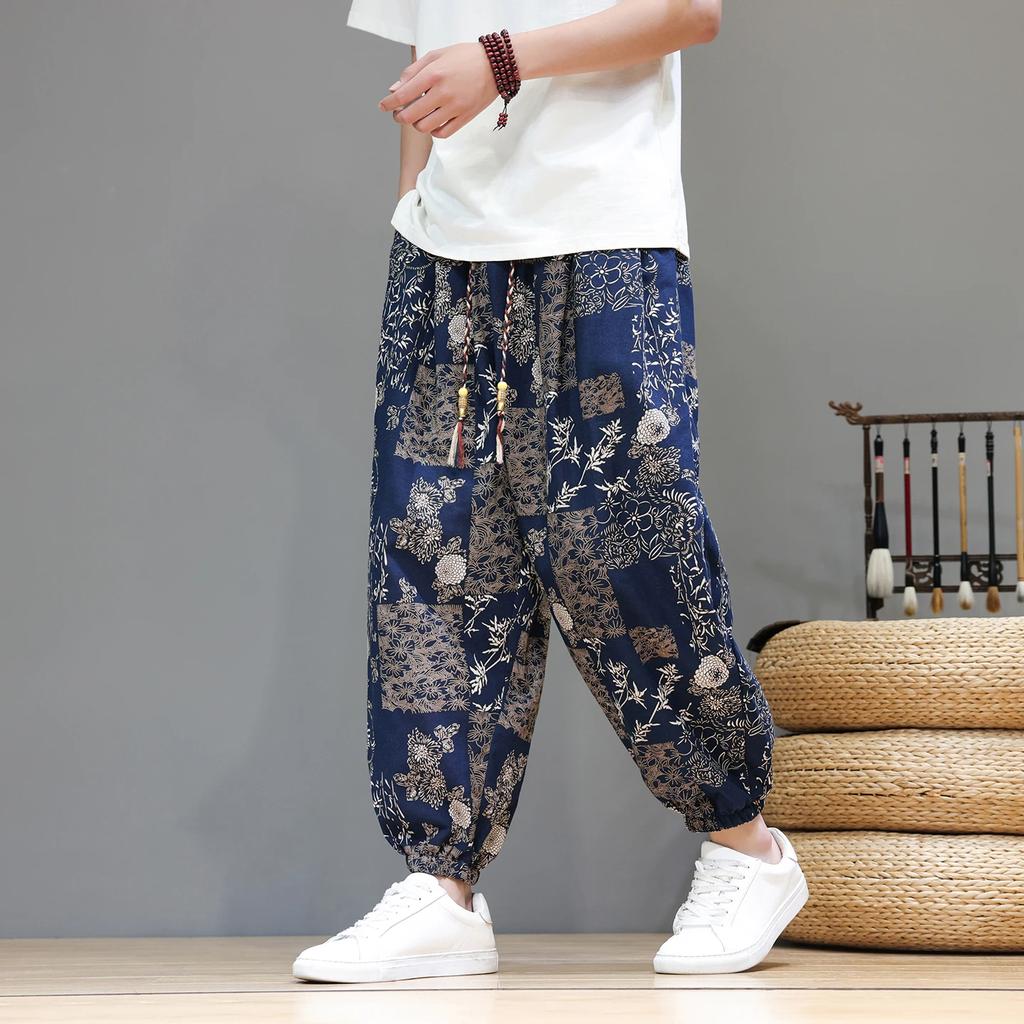 2026 Summer Men Casual Print Baggy Pants Men Chinese Style Vintage Harem Pants Male Streewear Wide Leg Pants Male Hanfu Trousers