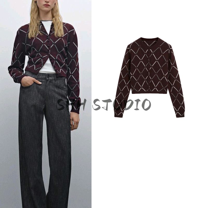 Spring New Women's Clothing Commute Style Single-Breasted Wool Blended Diamond Pattern Knitting Cardigan 5661643