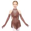 Girls Latin Dance Costume Sparkly Rhinestone Leotard with Ruched Mesh Cutout Tassel and Matching Mesh Gloves for Dance Competition