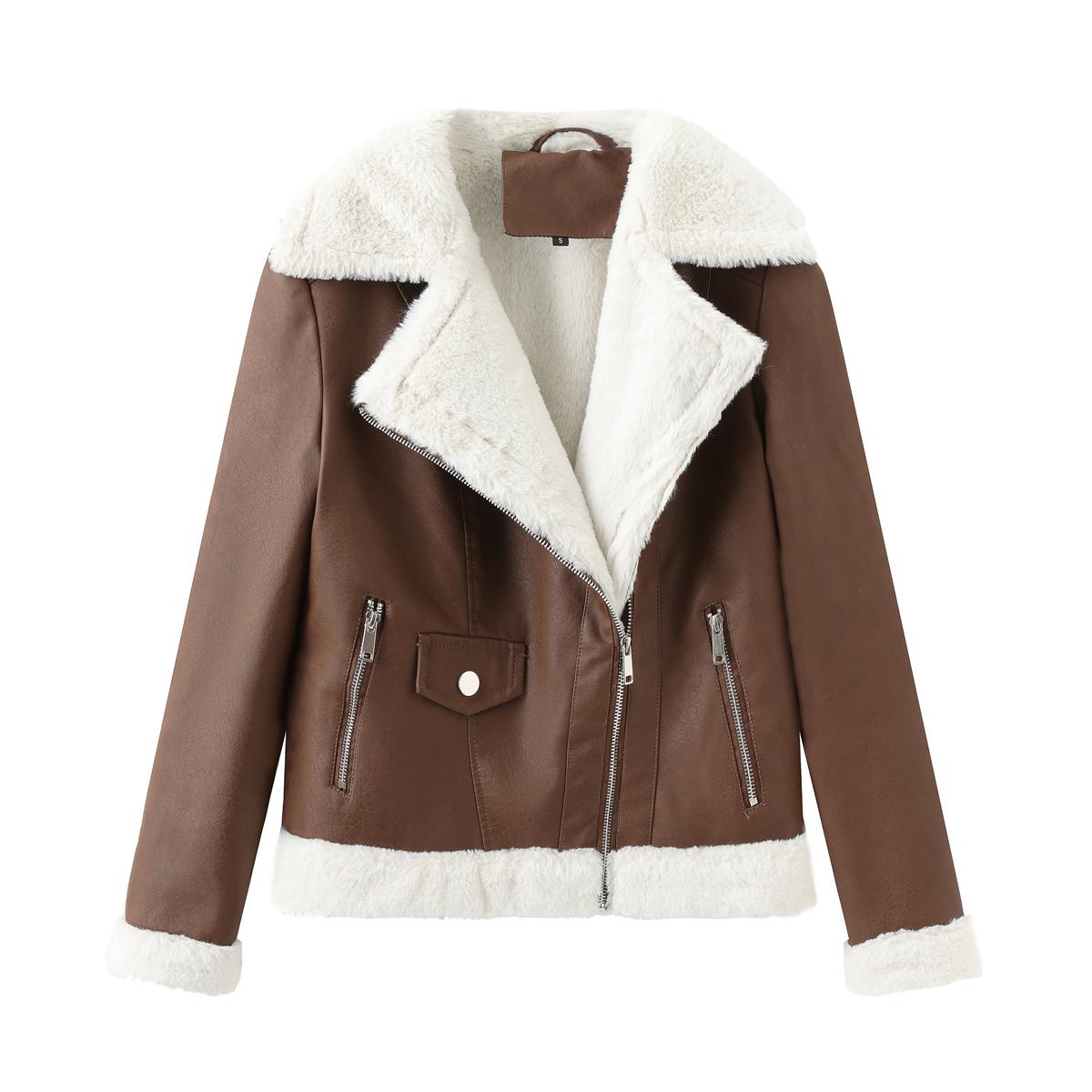 

Женская куртка из искусственной кожи. Теплая флисовая подкладка с длинными рукавами. Облегающее короткое пальто. Стильный укороченный бомбер на молнии с воротником с лацканами. Повседневная верхняя одежда черного цвета. S коричневый