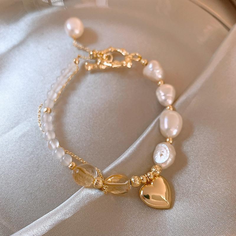Romantic Love Heart Natural Baroque Freshwater Pearl & Yellow Crystal 14K Gold Filled Female  Sets For Necklace Bracelet