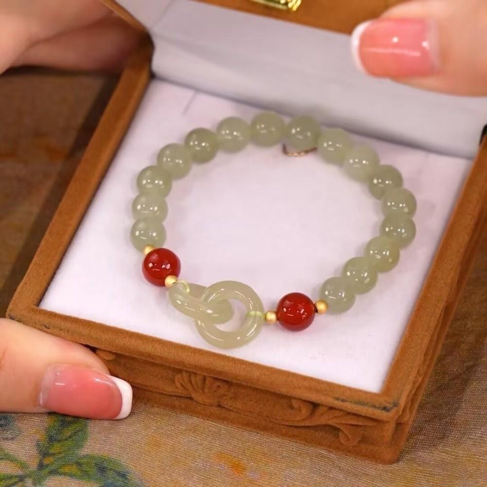 Heart Buckle Chalcedony Bead Bracelet Double Ring Design Bangle Jewelry Women Accessories