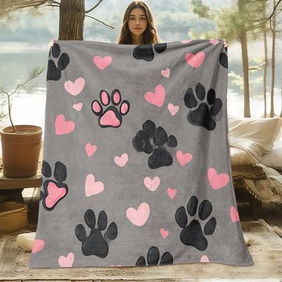 1pc Comfortable Dog Paw Heart Pattern Digital Print Blanket, Suitable for All Seasons, Sofa Throw, Soft and Cozy 100% Polyester