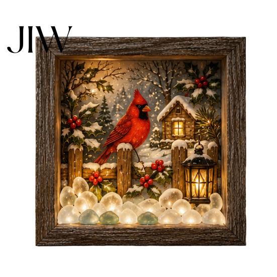 Winter Birthday Present Christmas Snowy Night Light Picture Frame, Vintage Wooden Frame 3D Mini Retro Wood Photo Landscape Lamp, Desktop Atmosphere