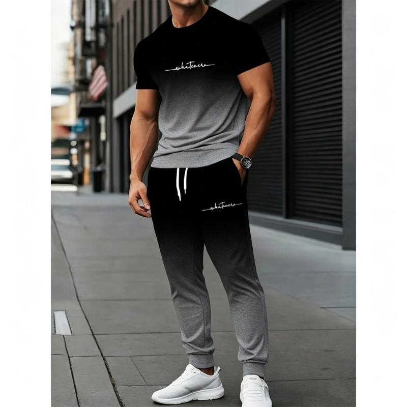 Men's summer short-sleeved and long pants casual two-piece set, sporty loose with pockets