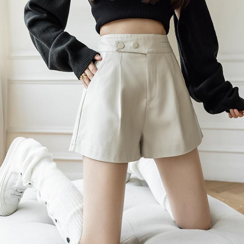 Shorts Women's Casual High Waist Leather Pants Loose Slit Slim A-line Wide-leg Pants