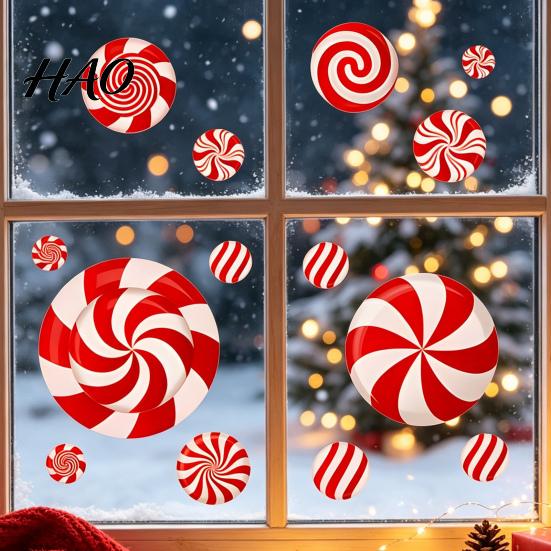 Holiday Candy Pattern Decorations Christmas Static Window Clings for Glass, Decorations, Gingerbread Man Removable Xmas Party Ornaments Cane