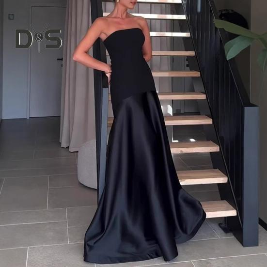 Women's Strapless Tube Top Maxi Dress Off Shoulder Patchwork Evening Dress Satin Bodycon Long Dress for Cocktail Party Wedding