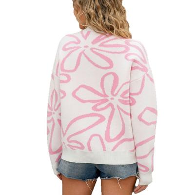 New Autumn and Winter Fashion Round-neck Floral Color-blocking Sweater, Loose Pullover Printed Knitted Sweater for Women