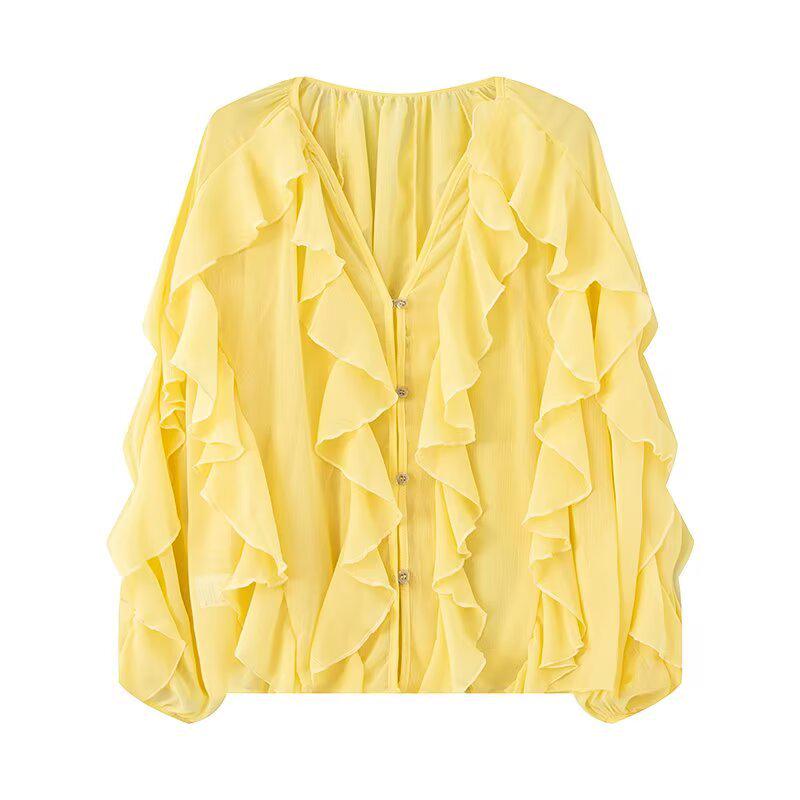 Summer 2026 European & American V-Neck Layered Ruffled Pleated Women's Shirt