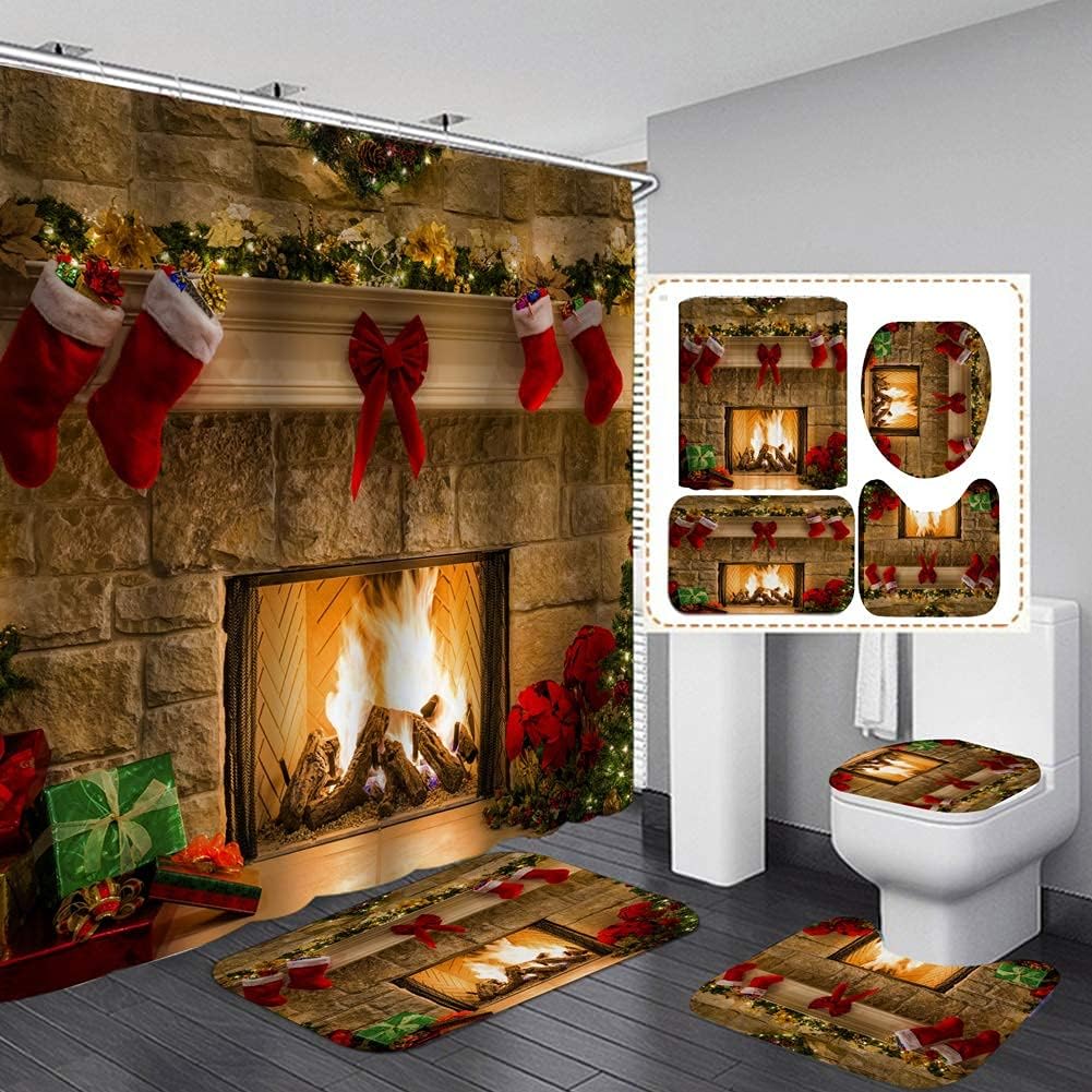Fall Thanksgiving Day 4Pcs Autumn Pumpkin Maple Tree Leaves Shower Curtain Set With Non-Slip Rug Toilet Lid Cover And Bath Mat
