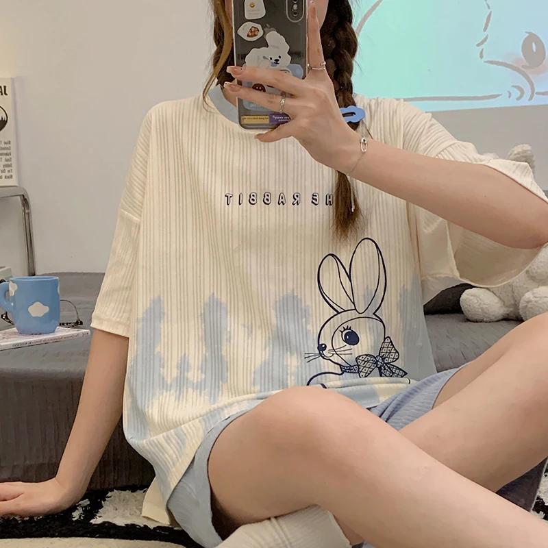Summer Woman Pajama Cotton Cartoon Sleepwear Orange Cartoon Printing Pyjamas Set Young Lady Shorts Pullover Lingeries