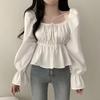 Camicia da Donna Dolce Stile Coreano per Primavera/Autunno, Scollo Quadrato, Vita Legata, Maniche a Campana Arricciate, Modellante